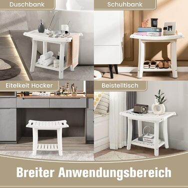 Двомісна душова лавка COSTWAY з полицею, 170 кг, біла. Душовий стільчик для дорослих та літніх людей, 60,5 x 34 x 48 см