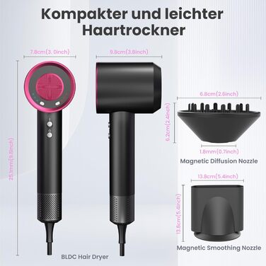 Професійний фен для волосся з високошвидкісним двигуном 160 000 об/хв, іонізацією (500 млн іонів), магнітною насадкою, 3 режими швидкості та 4 рівні температури, для дому, салонів та тварин