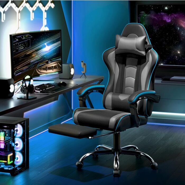 Ігровий крісло Yaheetech з масажем, регульованою спинкою 90-135°, з підніжкою. Білий (Чорний/Сірий)