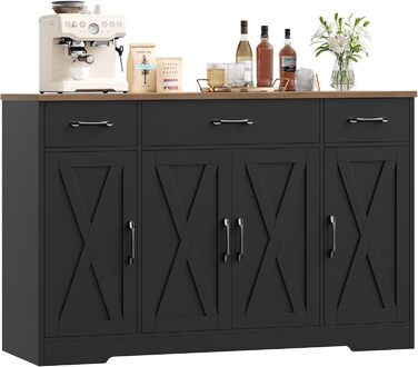 Sideboard HOCSOK 140 см: буфет з 3 ящиками, 4 дверцятами та 2 регульованими полицями, для кухні, вітальні, коридору, білий & коричневий (чорний & коричневий)