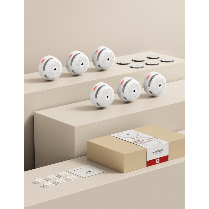 X-Sense Міні датчик диму з батареєю на 10 років та магнітним кріпленням, фотоелектричний, з кнопкою тестування/вимикання, XS01, 6 шт.