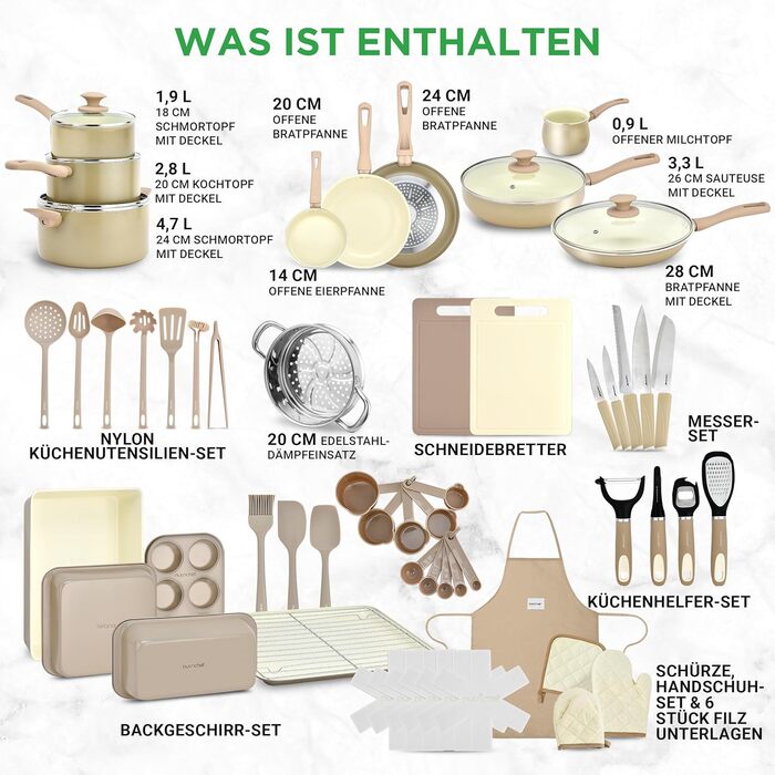 Набір посуду NutriChef 54 шт. – сковороди, каструлі, кухонні аксесуари талового кольору. З ножами, формами для випічки та аксесуарами. Підходить для індукційних, газових та електричних плит. Здорове та дієтичне приготування їжі