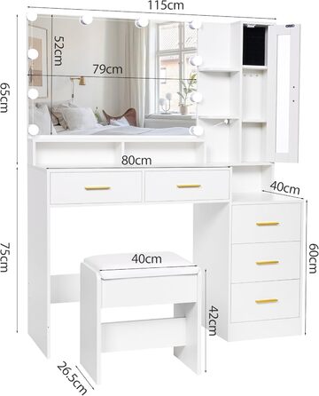 Великий туалетний столик ANWBROAD з LED-підсвічуванням (3 кольори) та розетками, білий, з дзеркалом та пуфом, 5 ящиків, скляні дверцята, 140x115x40 см, BDT68W