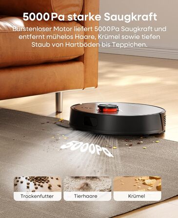 Робот-пилосос з функцією миття 5000Pa, потужний робот-пилосос з базою для самостійного очищення 3.5L, час роботи до 180 хвилин, навігація LiDAR, для збору шерсті тварин та прибирання килимів, керування через додаток, чорний