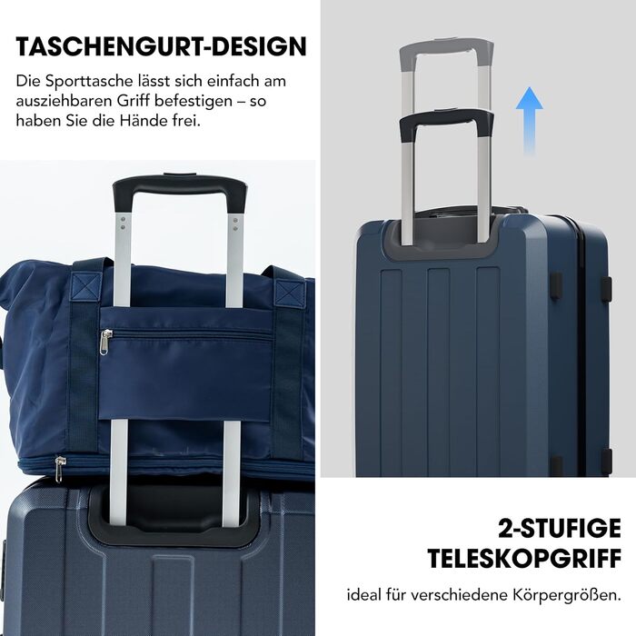 Набір валіз Vallsero 5шт, Gepäck Set, Trolleys, валізи для подорожей, ABS, TSA-замок, 1 сумка та 1 косметичка, 4 колеса, телескопічна ручка з алюмінію (Roségold), темно-синій