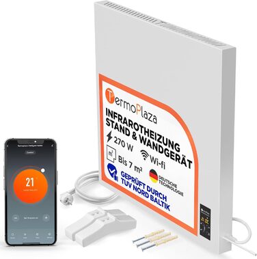 Інфранічна тепла піч TermoPlaza WiFi з термостатом 270 Вт для приміщень до 7 м² | Розумна інфрачервона піч для стін та підлоги | Енергоефективна електрична піч-конвектор для дому та ванної кімнати 270 Вт з Wi-Fi