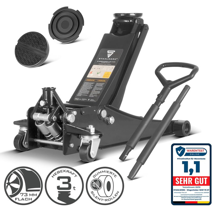 Гідравлічний домкрат Stahlwerk 3т низькопрофільний 73-500мм з гумовими колесами та поворотним руків'ям