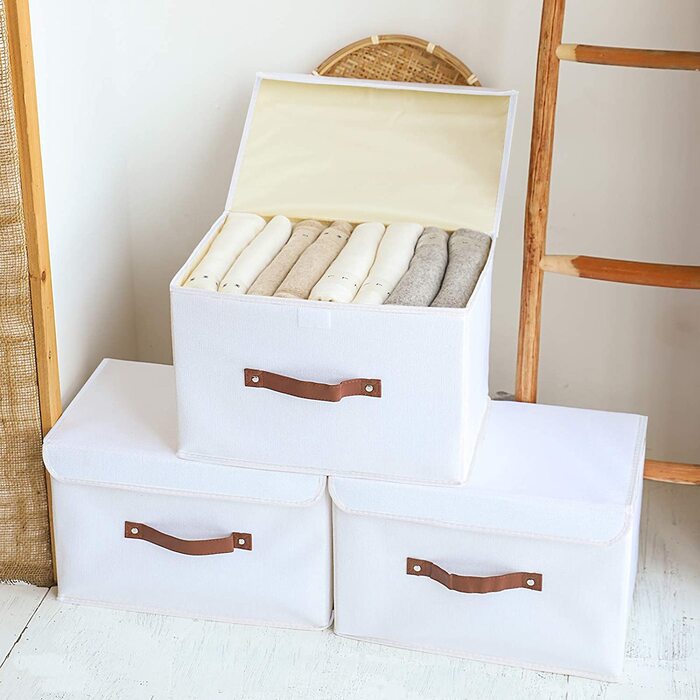 Коробка для зберігання Yawinhe з 3 предметів з кришкою, складна кошик для зберігання одягу з лляної тканини для рушників, книг, іграшок, одягу (38x25x25 см, білого кольору)