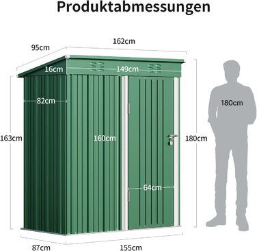 Металевий сарай для інструментів Bealife 180x162x95 см, сталевий садовий шоп, вуличний склад, господарський будиночок для двору, тераси, газону (Зелений)