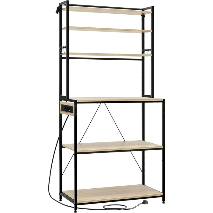 Кухонна полиця WOLTU з 6 ярусами, з розетками, для мікрохвильової печі, з металевим каркасом, регульовані полиці, Чорний+Рустикальний коричневий, 60 x 167 x 40 см