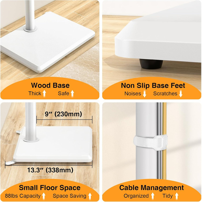 Підставка для телевізора TVON з кріпленням для плоских/вигнутих телевізорів 81-152 см (до 40 кг), регульована по висоті, з дерев'яною основою, поворотна, для спальні, білий/дерев'яна основа