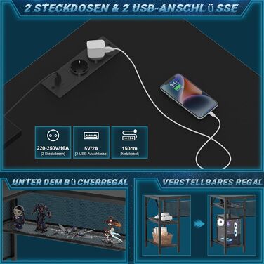 L-подібний ігровий стіл, 141x117x76 см, з полицею, для дому, офісу, навчання, ігор, чорний