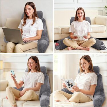 Подушка для сидіння в ліжку для дорослих, з меморі-піною, 63,5 см, зйомний валик для шиї, знімна та пральна наволочка, подушка для спини з подовженими підлокітниками