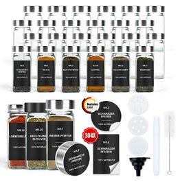 Набір скляних банок для спецій 24 шт. з етикетками: скляні дозатори для спецій 120 мл з ситечком, водостійкі етикетки, органайзер для спецій у шухляду, чорний колір (скло)