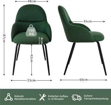 Набір обідніх стільців з підлокітниками – 6 шт. Ергономічні м'які стільці з тканинним покриттям та металевими ніжками для кухні, вітальні, їдальні, Бежевий (Leinen Tannengrün)