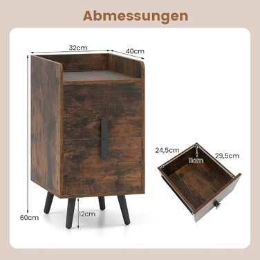 Нічний столик COSTWAY з зарядкою, вузький, 2 шухляди, металеві ніжки, для спальні/вітальні, 40 x 32 x 60 см, рустикальний коричневий