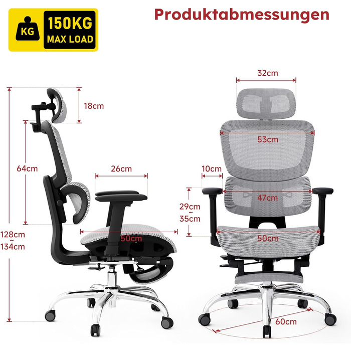 Ергономічне офісне крісло Voll-Mesh з підголівником, підставкою для ніг, регульованою спинкою, підлокітниками, саморегульованою поперековою підтримкою, PU-колесами, поворотним на 360°, навантаження до 150 кг, (Світло-сірий)