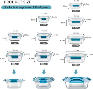 Набір контейнерів для зберігання продуктів Glas, 18 частин (9 контейнерів, 9 кришок), BPA-free, безпечні для миття в посудомийній машині, мікрохвильовій печі та морозильній камері, виготовлені з скла, блакитні