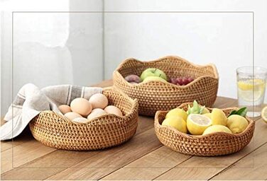 Круглі кошики для фруктів з ротанга, миски для фруктів з натуральної корзини, плетені кошики для зберігання в їдальні (набір з 3 предметів)