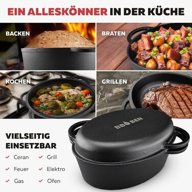 Гusseisen Bräter (34 см) з кришкою: сковорода-жаровня з чавуну для гриля, Dutch Oven, для індукції, газового гриля та духовки