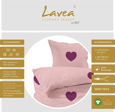 Комплект постільної білизни Lavea-Мілена 135 х 200 см 80 х 80 см.Дизайн серце - колір 100 бавовна. Висока якість із застібкою-блискавкою. Сертифікований за стандартом GOTS / Bio. (135 х 200 80 х 80 см, рожево-бордовий)