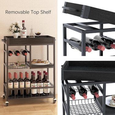 Сервізний візок Huhote з полицею для вина, барний візок, візок для напоїв, візок на колесах, візок для вина в їдальню, кухню, вітальню, бар, вечірку, з імітацією дерева (чорний, металевий кошик)