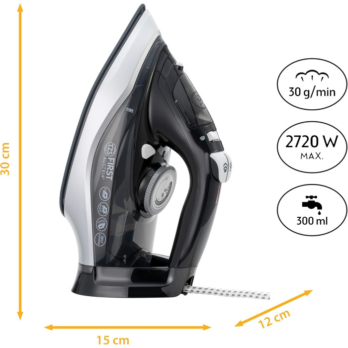 Пароочисник TZS First Austria I 2290-2720W | Керамічна підошва, Самоочищення, Вертикальний пар, Anti-Kalk, Сухе прасування, 0.3л резервуар, 1.2 кг | Чорний/Білий
