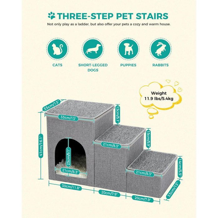 Складні сходи для собак PETEPELA, 3 сходинки, сходи для маленьких собак з місцем для зберігання, 3 сходинки до дивана, 3 сходинки сірого кольору