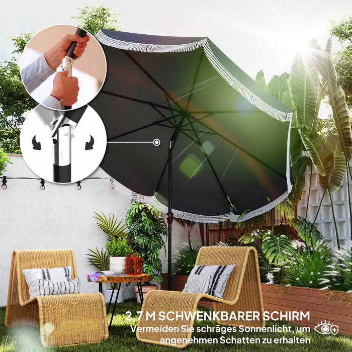 Outsunny Parasol Ø269 см, UV 30+Парасолька Восьмикутний балкон Парасолька Пляжна парасолька Вітрозахисний ринок Парасолька Crank Захист від сонця для пляжу Балконний сад, темно-сірий