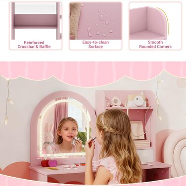 Дитячий туалетний столик LIFEZEAL 2 в 1 з дзеркалом та пуфом, рожевий, з ящиком та аксесуарами для дівчаток від 3 років