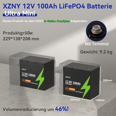 Літієва батарея XZNY 12V 100Ah Mini LiFePO4 зі 100A BMS, підходить для автофургонів, сонячних батарей, поза мережею