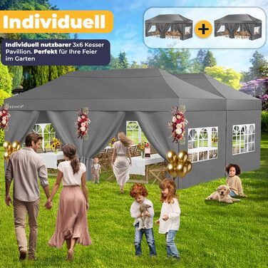 Павільйон KESSER® 6x3м з 6 знімними стінками, для саду, регульована висота, водовідштовхувальний, з сумкою, анкери, Pop-Up система, захист від UV 50+, для вечірок, антрацитовий колір