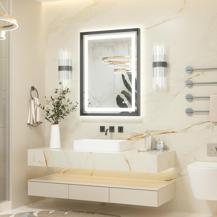 Дзеркало для ванної кімнати Keonjinn з підсвічуванням, металевий каркас 50x70 см, антизапар, LED, сенсорне управління, 3 кольори, регулювання яскравості, функція пам'яті, настінне дзеркало (Чорний, 80x60 см)