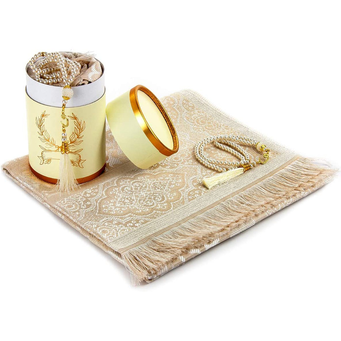Мусульманський молитовний килимок ihvan онлайн і чотки з елегантним дизайном в циліндричній подарунковій коробці / Джанамаз саджада / набір ісламських подарунків / молитовний килимок, тканина з тафти, (крем)