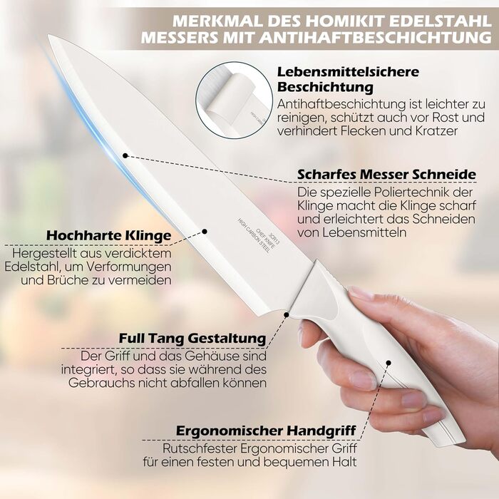 Набір кухонних ножів Homikit з підставкою, з шліфувальником, нержавіюча сталь, 6 ножів для стейку, антиковзні ручки, 15 предметів