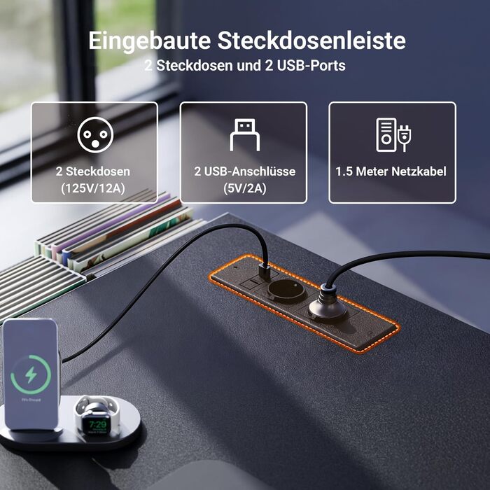 Комп'ютерний стіл Claiks з 3 шухлядами, 100x60 см, з розетками та USB, для дому та офісу, чорний