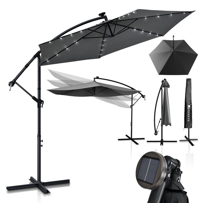Парасолька від сонця Juskys Ampelschirm Brazil з LED-підсвіткою, сонячною панеллю та ручкою, 300 см, сіра — водовідштовхуюча, з UV-захистом та чохлом