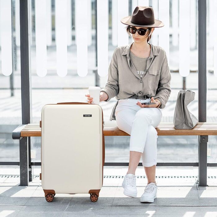 Чемодан KONO Mittelgroß: міцний ABS+PC, 60L, білий/коричневий, з TSA замком