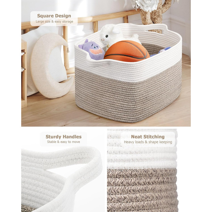 Кошики для білизни 2 шт. (63L) з бавовни, плетений, з ручками, для зберігання ковдр, одягу, іграшок, білий та коричневий