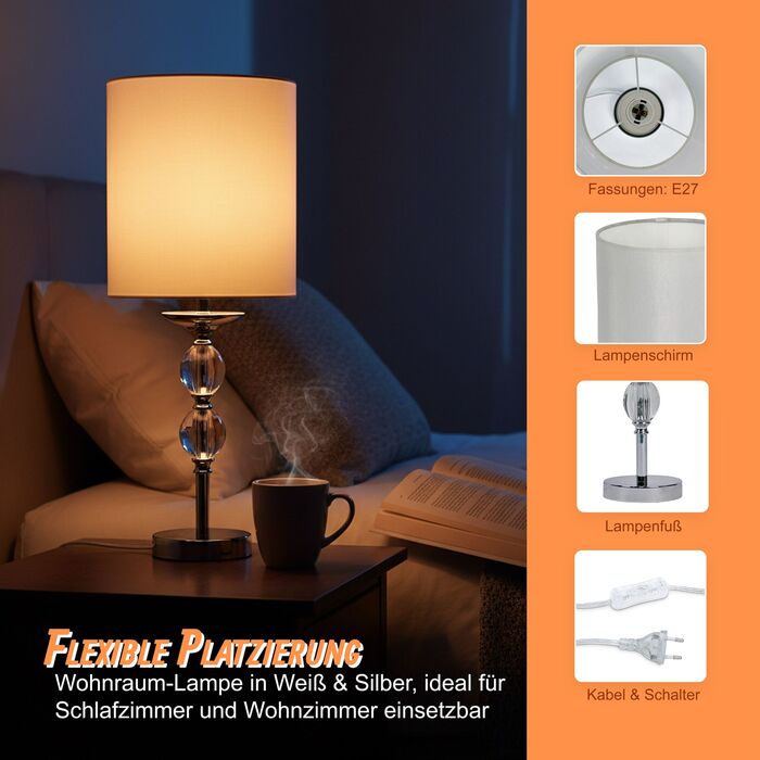 Лампа для столу Relaxdays з кришталевою основою та тканинним абажуром