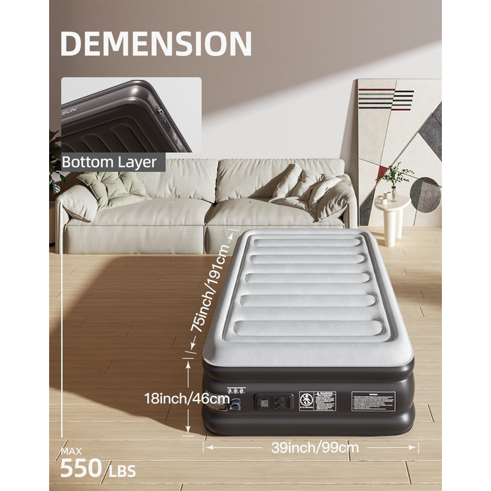 Надувне ліжко CHILLSUN® з електричним насосом, 203x152x46 см, водонепроникне, для кемпінгу та гостей (1 особа)