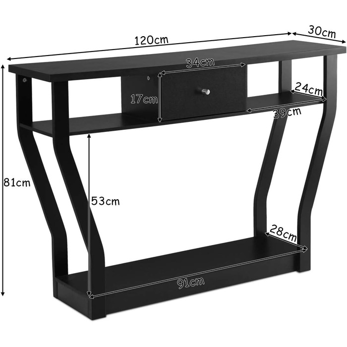 Консольний столик GIANTEX вузький, тумба з ящиком і полицею, 120x30x81 см, чорний