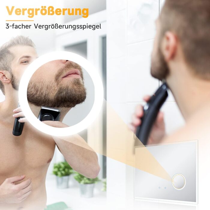 Дзеркало для ванної кімнати SONNI з підсвічуванням 80x60 см, 3 кольори світла, проти запотівання, LED, сенсорне керування, годинник, температура, 3-кратне збільшення