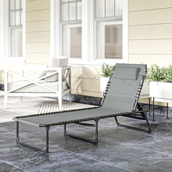 Шезлонг для відпочинку, розкладний, з дихаючою оббивкою, металевий каркас, 189 x 58 x 30 см, світло-сірий