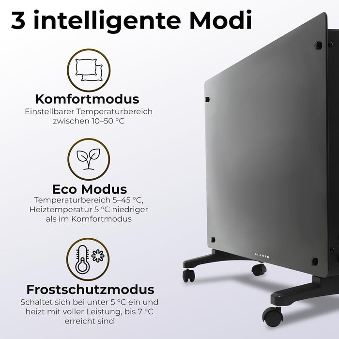 Konvektor KLAMER Pro 2500W з Wi-Fi, керуванням через додаток та таймером, ECO-режим, захист від замерзання, LED-дисплей, захист від перегріву, для дому та спальні, настінний/підлоговий, білий/чорний