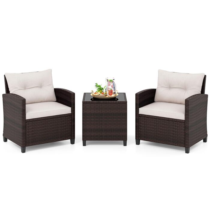 Набір садових меблів COSTWAY з ротангу для балкона та тераси, 3 предмети: 2 крісла, стіл зі скляною стільницею, подушки. Колір: коричневий + білий.