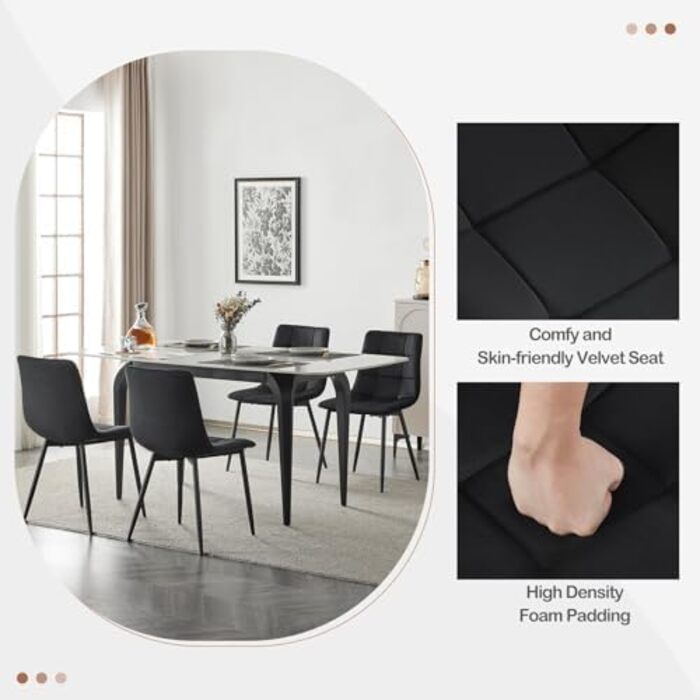 Елегантні стільці для їдальні EUGAD, комплект з 6 шт., для кухні, вітальні, чорного кольору. М'яке сидіння з оксамитовим покриттям, міцні металеві ніжки, вантажопідйомність 150 кг.