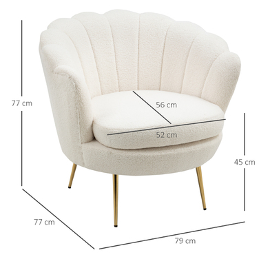 Крісло-шезлонг у формі мушлі, крісло для відпочинку, розслаблююче крісло, металеві ніжки золотистого кольору, 79Ш x 77Г x 77В см, білий