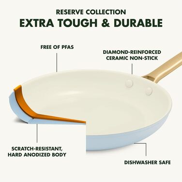 GreenPan Padova Reserve сковорода з керамічним антипригарним покриттям Hartelox, 24 см, індукційна, без PFAS, золотий ручка, для посудомийної машини, для духовки, димчасто-блакитна