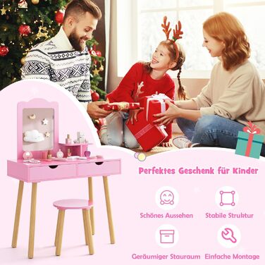 Детский туалетный столик Dreamade с табуретом и съемным зеркалом, принцесс-стиль, с ящиком, из дерева, для девочек (белый/розовый)